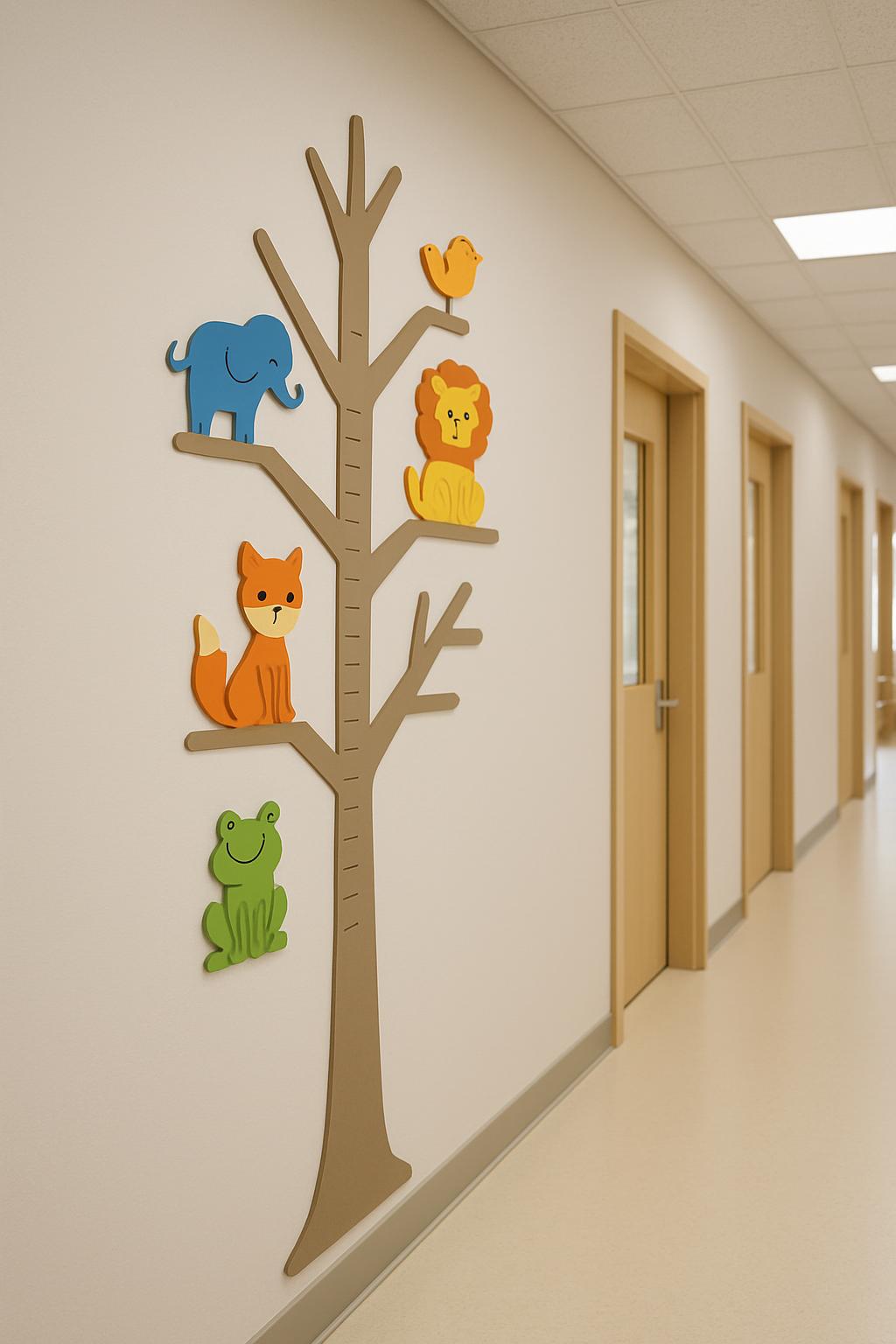 Raw, unedited alt text: A cardboard tree with animal cutouts on a wall in a hallway.