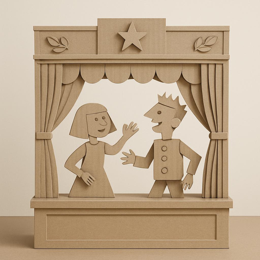 Two brown puppet figures perform a skit against a brown background, with a star above a curtain at the top. The female pup...
